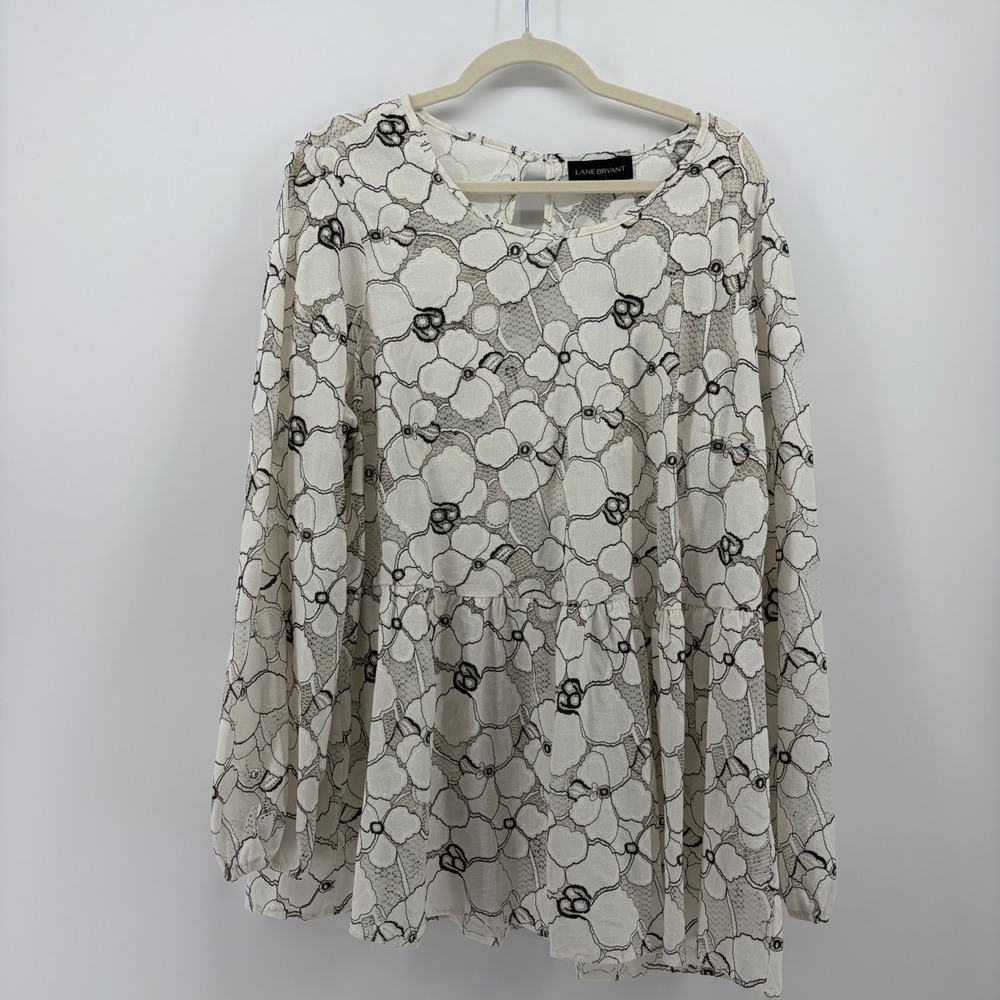 Lane Bryant Womens 22 Ivory Black Floral Lace Babydoll Peplum Blouse Long Sleeve